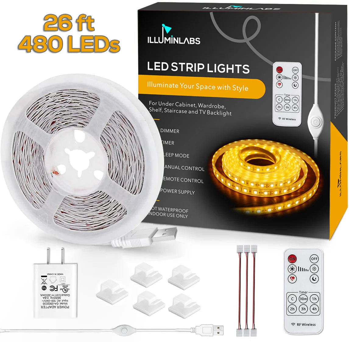 under Cabinet Lights, LED Strip Lights with Remote Control, Dimmable for Closet, Shelf, TV Back, under Counter Lights for Kitchen, 26.3Ft,White