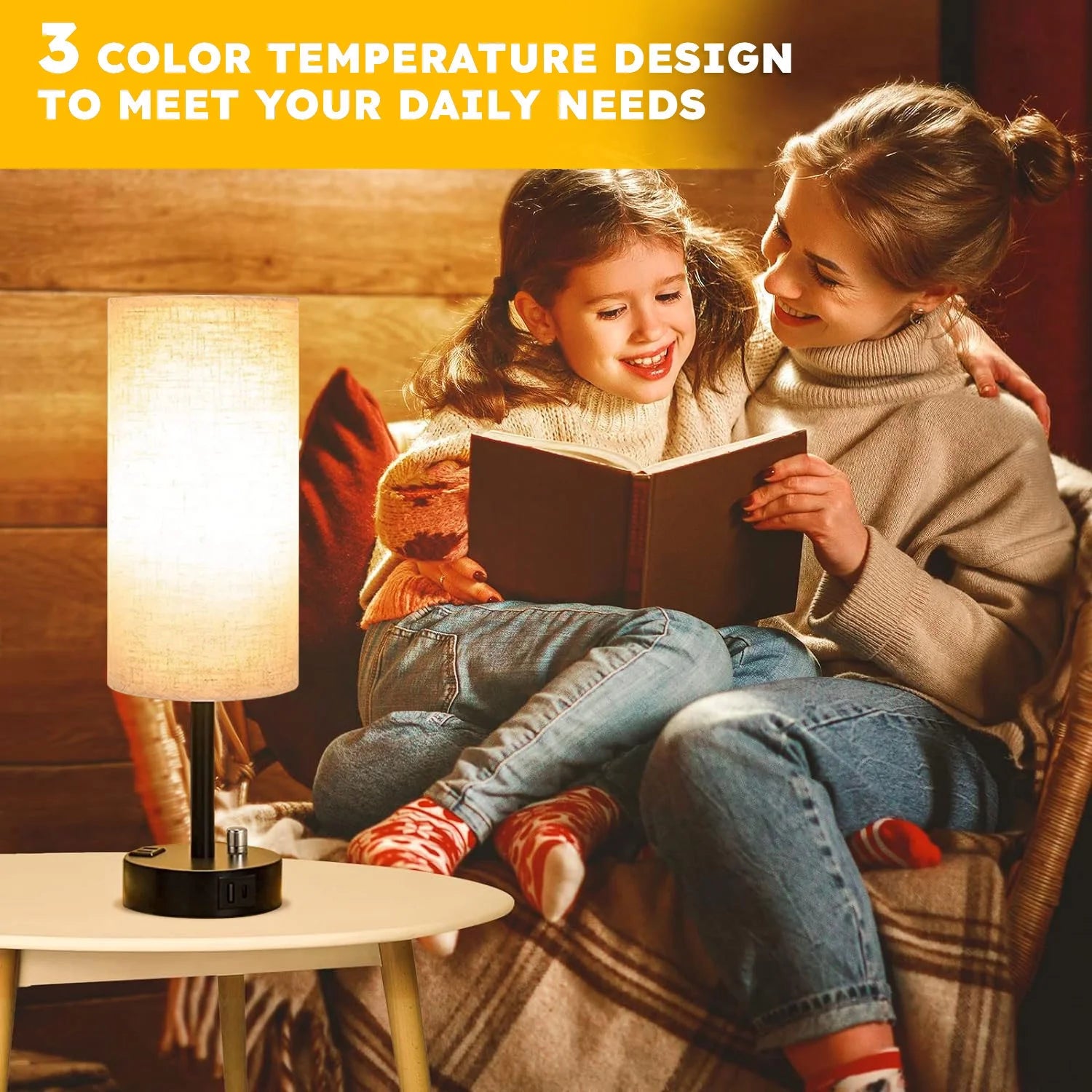 Bedside Table Lamp, Fully Dimmable Lamp with USB C&A Fast Charging Port, AC Outlet, Lamp with Linen Fabric Shade and Black Base for Bedroom Living Room, Office, Dorm