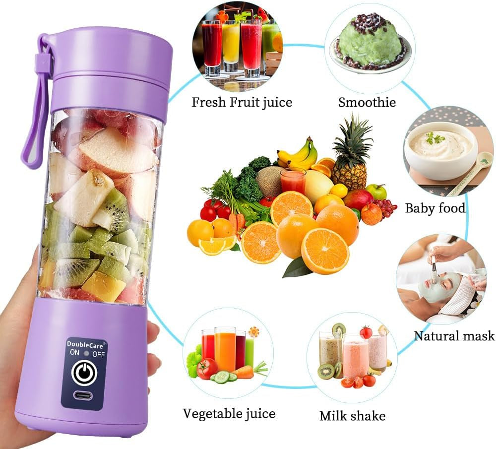 Portable Electric USB Blender Cup for Shakes and Smoothies, 380ml with Six Blades, Light Purple