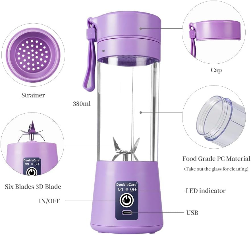 Portable Electric USB Blender Cup for Shakes and Smoothies, 380ml with Six Blades, Light Purple