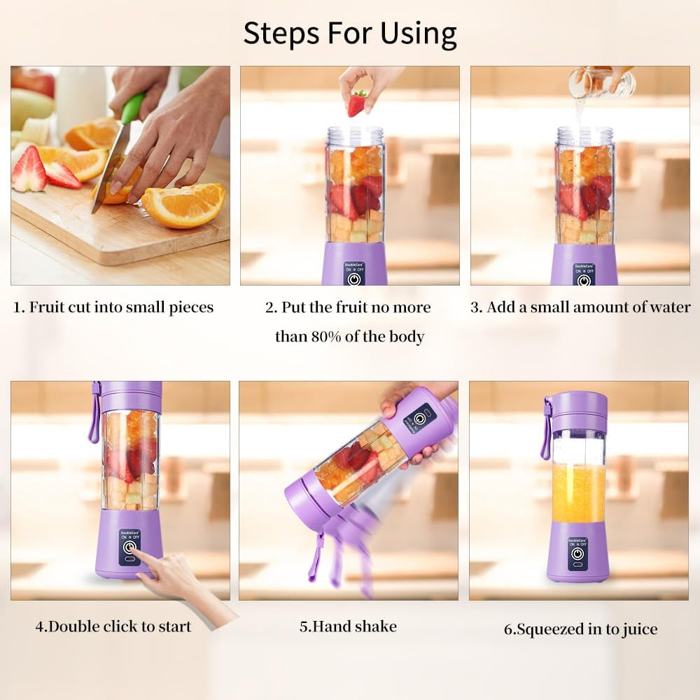 Portable Electric USB Blender Cup for Shakes and Smoothies, 380ml with Six Blades, Light Purple
