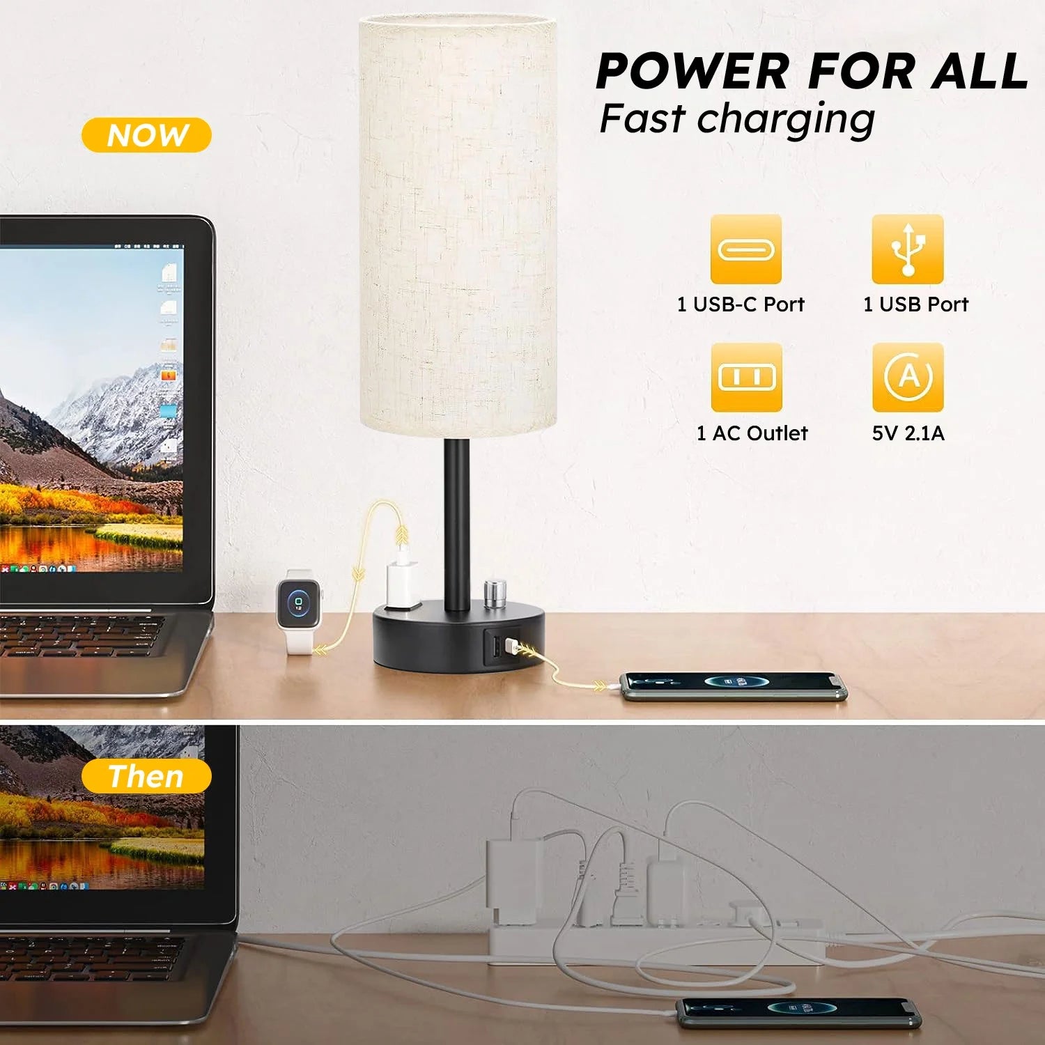 Bedside Table Lamp, Fully Dimmable Lamp with USB C&A Fast Charging Port, AC Outlet, Lamp with Linen Fabric Shade and Black Base for Bedroom Living Room, Office, Dorm