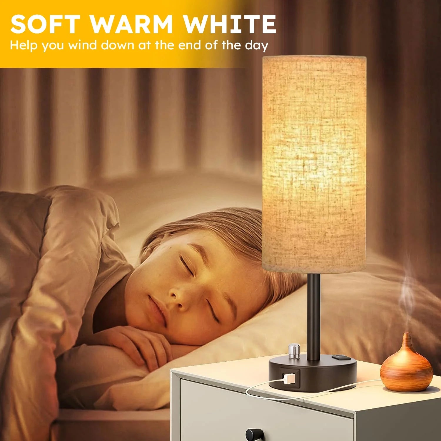 Bedside Table Lamp, Fully Dimmable Lamp with USB C&A Fast Charging Port, AC Outlet, Lamp with Linen Fabric Shade and Black Base for Bedroom Living Room, Office, Dorm