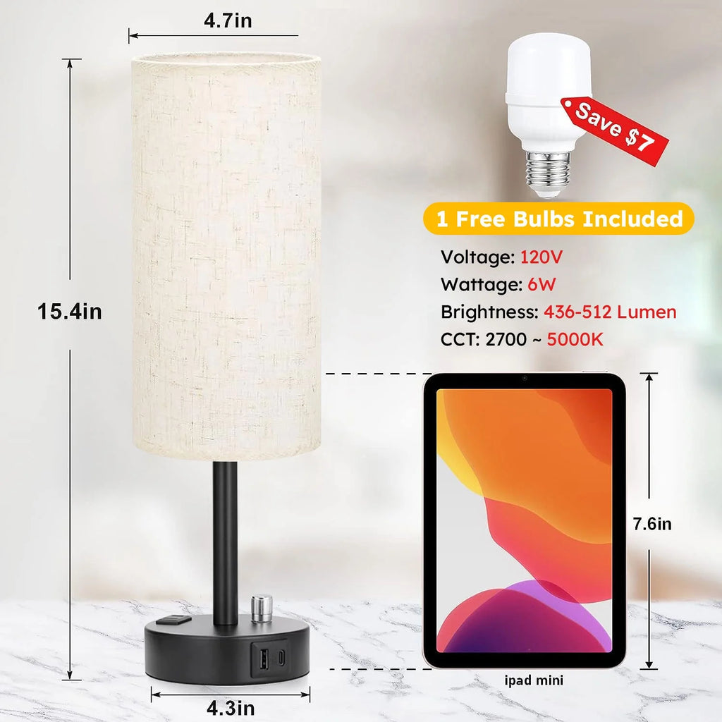 Bedside Table Lamp, Fully Dimmable Lamp with USB C&A Fast Charging Port, AC Outlet, Lamp with Linen Fabric Shade and Black Base for Bedroom Living Room, Office, Dorm
