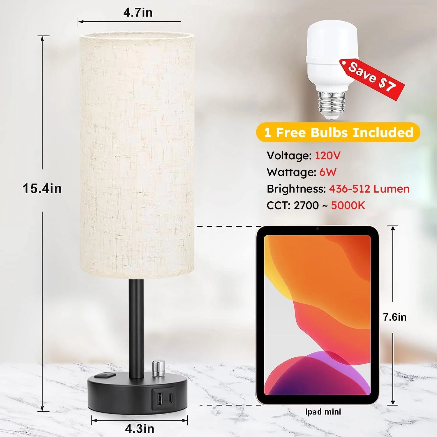 Bedside Table Lamp, Fully Dimmable Lamp with USB C&A Fast Charging Port, AC Outlet, Lamp with Linen Fabric Shade and Black Base for Bedroom Living Room, Office, Dorm