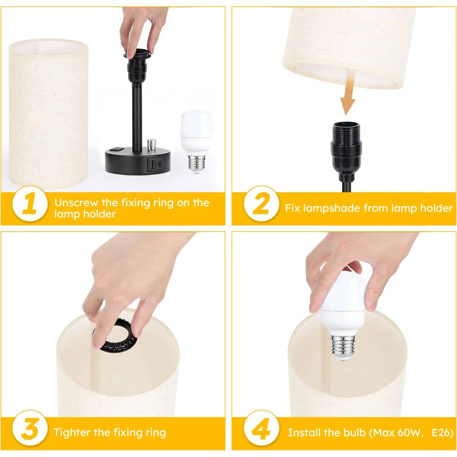 Bedside Table Lamp, Fully Dimmable Lamp with USB C&A Fast Charging Port, AC Outlet, Lamp with Linen Fabric Shade and Black Base for Bedroom Living Room, Office, Dorm