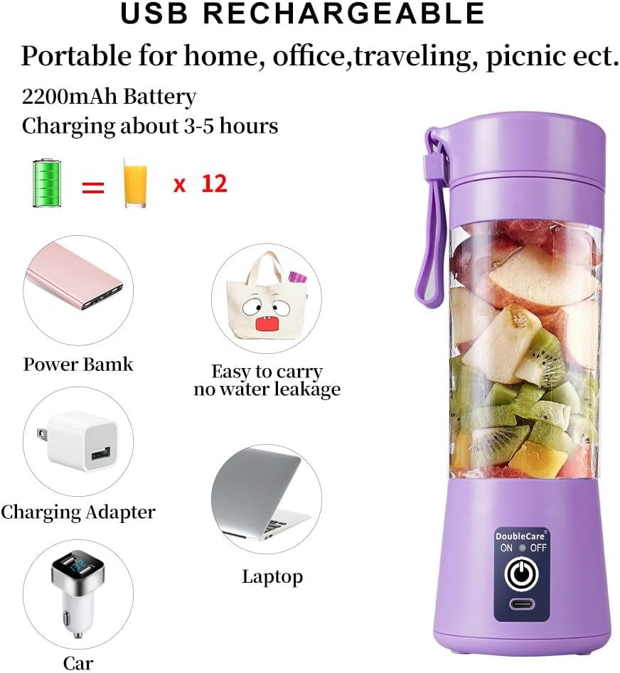 Portable Electric USB Blender Cup for Shakes and Smoothies, 380ml with Six Blades, Light Purple