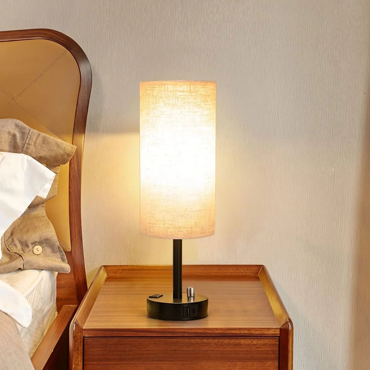 Bedside Table Lamp, Fully Dimmable Lamp with USB C&A Fast Charging Port, AC Outlet, Lamp with Linen Fabric Shade and Black Base for Bedroom Living Room, Office, Dorm